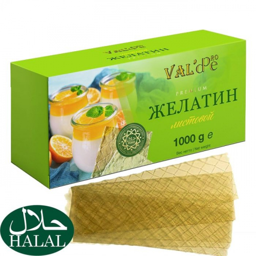 Желатин говяжий листовой 180 bloom Gold Халяль VAL'DE, 100г Желатин говяжий листовой 180 bloom Gold Халяль VAL'DE, 100г